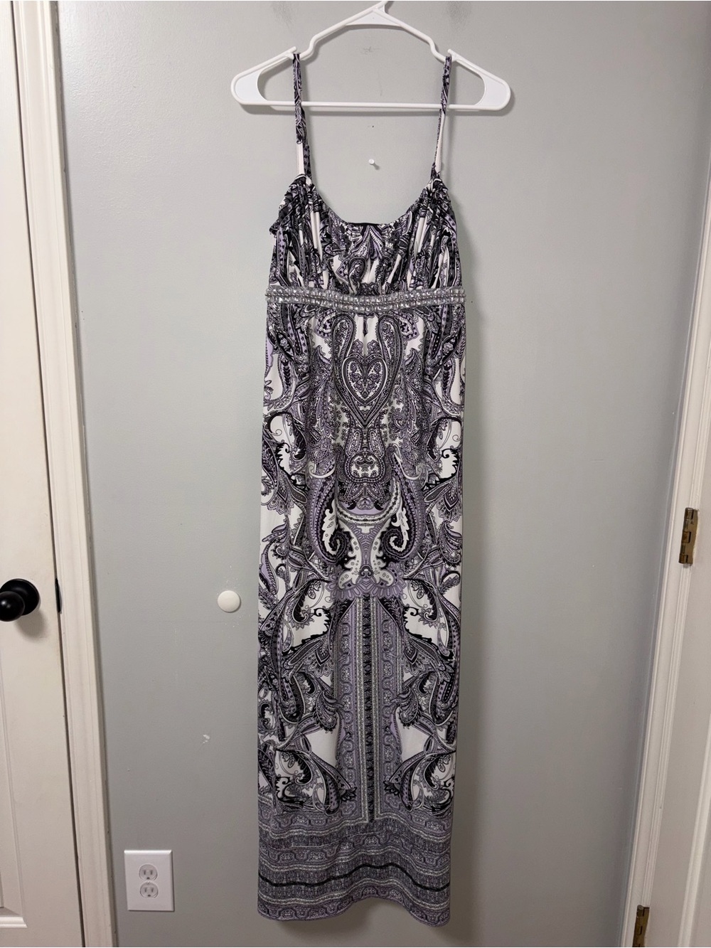 INC Black Purple‎ White Paisley Geometric Maxi Dress Beaded Spaghetti Straps L